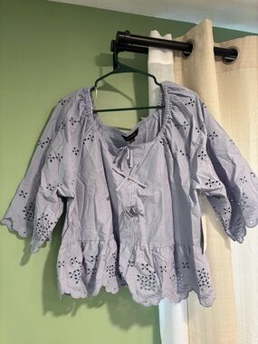 Lavender Eyelet Peasant Blouse with Tie Front